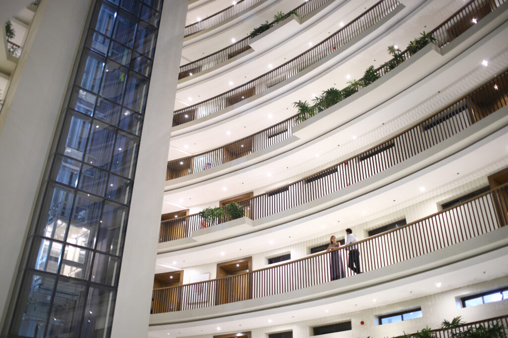 two people in a building